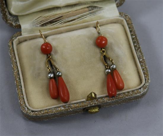 A pair of yellow and white metal, double drop coral earrings, 30mm.